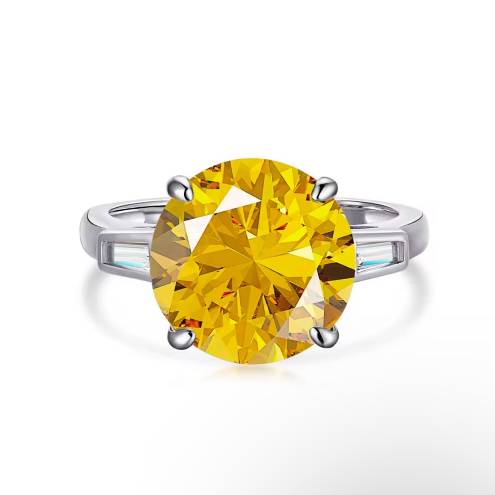 S925 Sterling Silver Round Classic Band Ring Chunky Women Yellow Cubic Zirconia